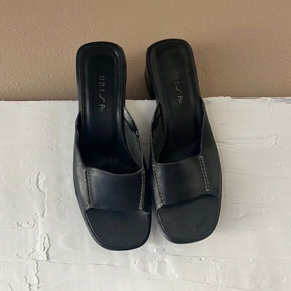 black Slide Block Heel Sandals Slip On Size 8 - Picture 2 of 6